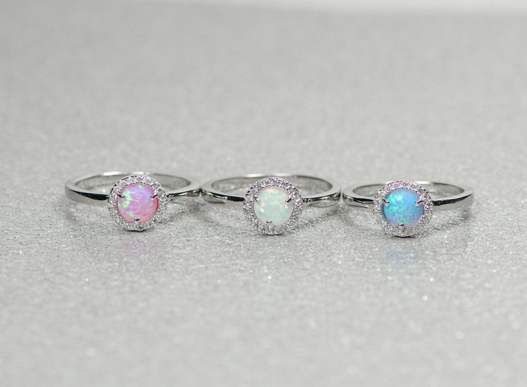 Sterling Silver Light Pink Opal and CZ Halo Ring- Sparkle & Jade-SparkleAndJade.com 
