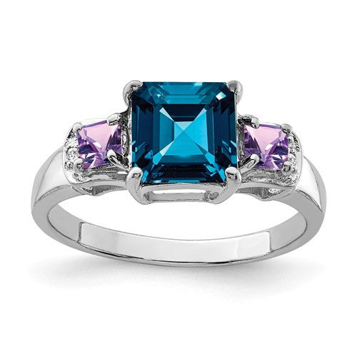 Sterling Silver London Blue Topaz, Amethyst And Diamond Ring- Sparkle & Jade-SparkleAndJade.com 