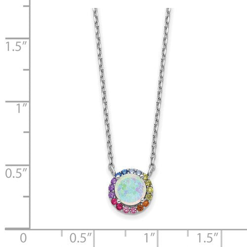 Sterling Silver Opal And Colorful Rainbow CZ Halo Necklace- Sparkle & Jade-SparkleAndJade.com QG5702-16