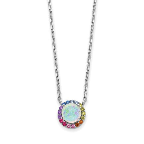 Sterling Silver Opal And Colorful Rainbow CZ Halo Necklace- Sparkle & Jade-SparkleAndJade.com QG5702-16