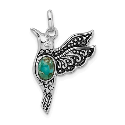 Sterling Silver Oxidized Turquoise Hummingbird Charm Pendant- Sparkle & Jade-SparkleAndJade.com QC9314