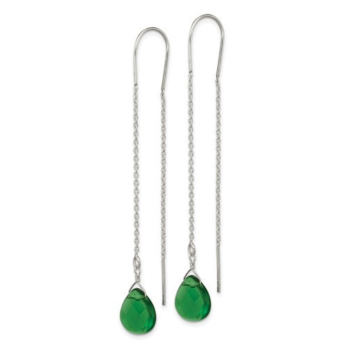 Sterling Silver Pear Shaped Dark Green CZ Threader Earrings- Sparkle & Jade-SparkleAndJade.com QE2493