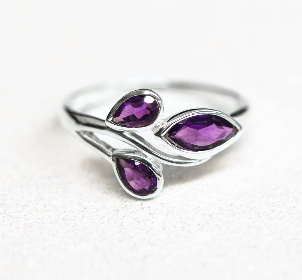 Sterling Silver Pear and Marquise Amethyst Ring- Sparkle & Jade-SparkleAndJade.com 