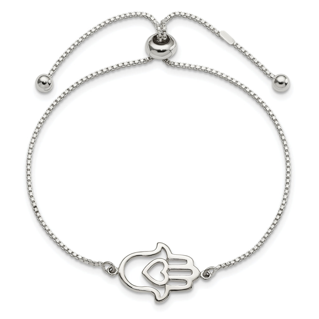 Sterling Silver Polished Heart Hamsa Adjustable Bolo Bracelet- Sparkle & Jade-SparkleAndJade.com QG5804