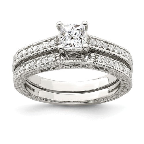 Sterling Silver Princess Cut 2-Piece CZ Wedding Set Ring- Sparkle & Jade-SparkleAndJade.com 