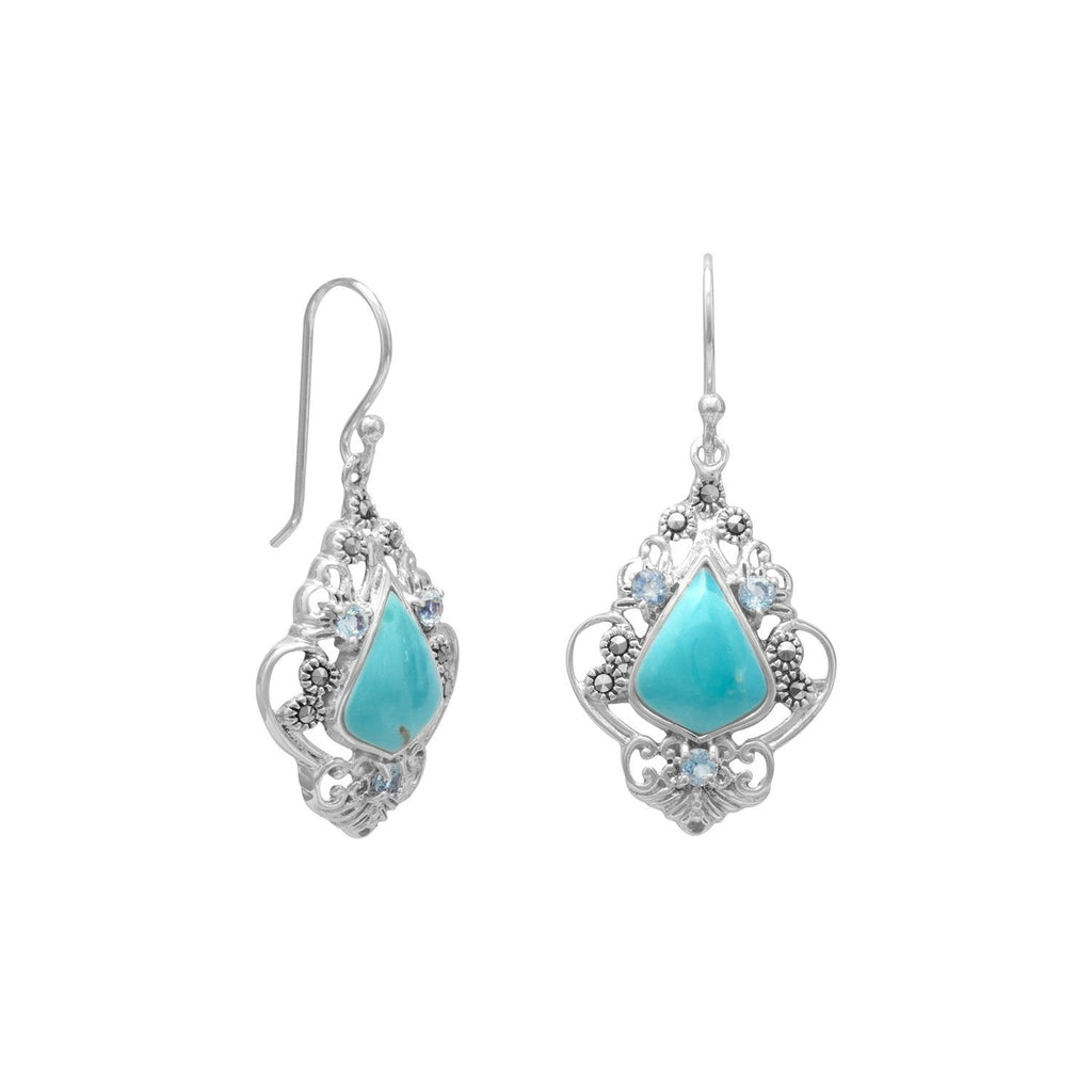 Sterling Silver Reconstituted Turquoise, Blue Topaz and Marcasite Dangle Earrings- Sparkle & Jade-SparkleAndJade.com 65449
