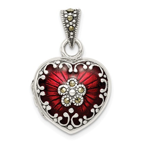 Sterling Silver Red Enamel & Marcasite Heart Locket- Sparkle & Jade-SparkleAndJade.com QP1291