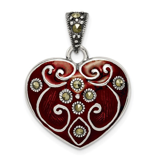 Sterling Silver Red Enamel & Marcasite Heart Pendant- Sparkle & Jade-SparkleAndJade.com QP1292