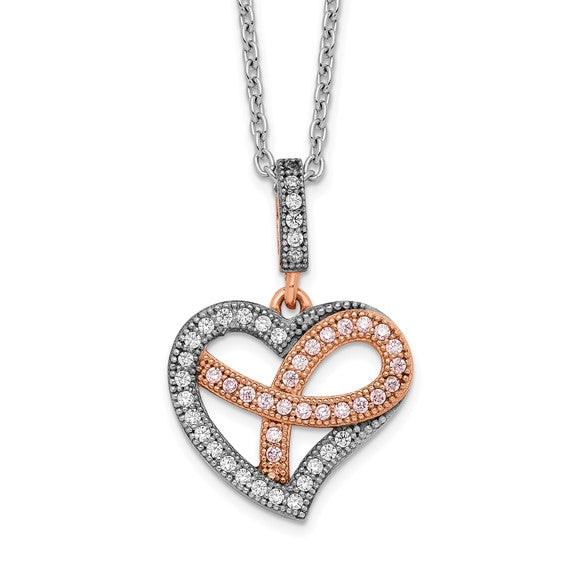 Sterling Silver Rose Gold-Plated CZ Polished Heart Awareness Necklace- Sparkle & Jade-SparkleAndJade.com QMP1125-18