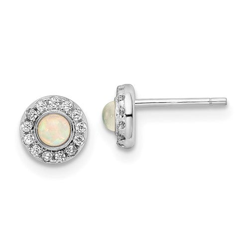 Sterling Silver Round Lab Created White Opal CZ Halo Earrings- Sparkle & Jade-SparkleAndJade.com QE16403