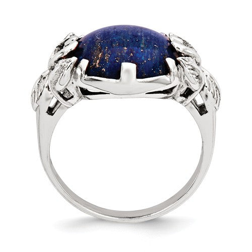 Sterling Silver Round Lapis Lazuli Leaf Design Ring- Sparkle & Jade-SparkleAndJade.com 