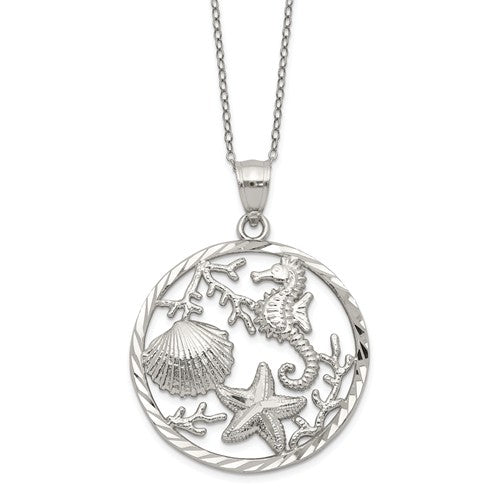 Sterling Silver Seahorse, Starfish And Shell Pendant Necklace- Sparkle & Jade-SparkleAndJade.com QG3379-18