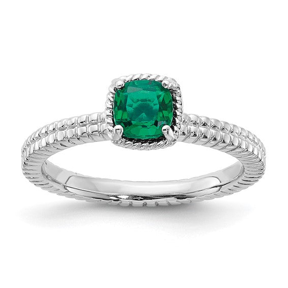 Sterling Silver Stackable Expressions Created Emerald Cushion Ring- Sparkle & Jade-SparkleAndJade.com 