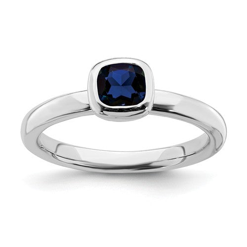 Sterling Silver Stackable Expressions Cushion Cut Cr. Blue Sapphire Ring- Sparkle & Jade-SparkleAndJade.com 