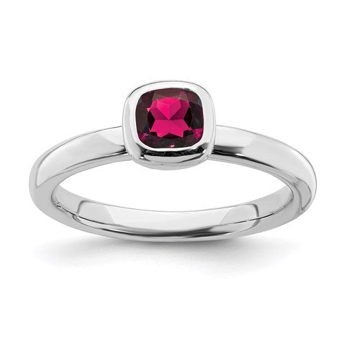 Sterling Silver Stackable Expressions Cushion Cut Created Ruby Ring- Sparkle & Jade-SparkleAndJade.com 
