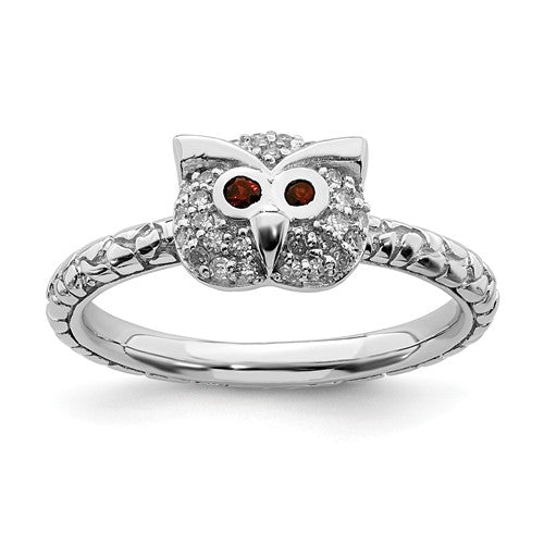 Sterling Silver Stackable Expressions Garnet & Diamond Owl Ring- Sparkle & Jade-SparkleAndJade.com 