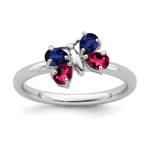 Sterling Silver Stackable Expressions Ruby and Blue Sapphire Butterfly Ring- Sparkle & Jade-SparkleAndJade.com 