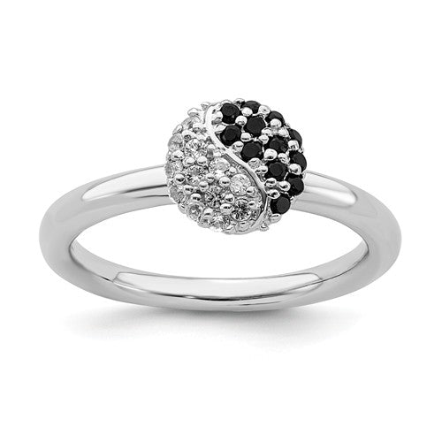 Sterling Silver Stackable Expressions Yin Yang White Topaz & Onyx Ring- Sparkle & Jade-SparkleAndJade.com 
