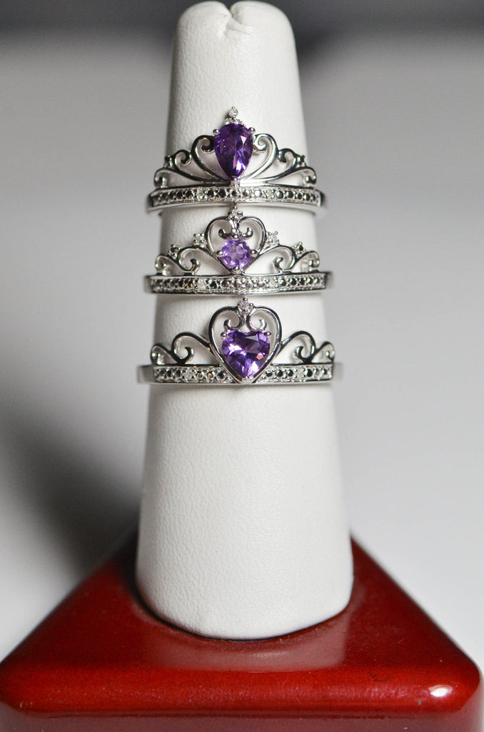 Sterling Silver Teardrop Pear Amethyst and Diamond Crown Ring- Sparkle & Jade-SparkleAndJade.com 