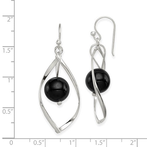 Sterling Silver Twist with Onyx Dangle Earrings- Sparkle & Jade-SparkleAndJade.com QE8958