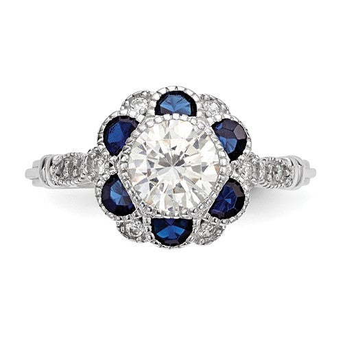 Sterling Silver White CZ & Lab-Created Blue Sapphire Flower Ring- Sparkle & Jade-SparkleAndJade.com 