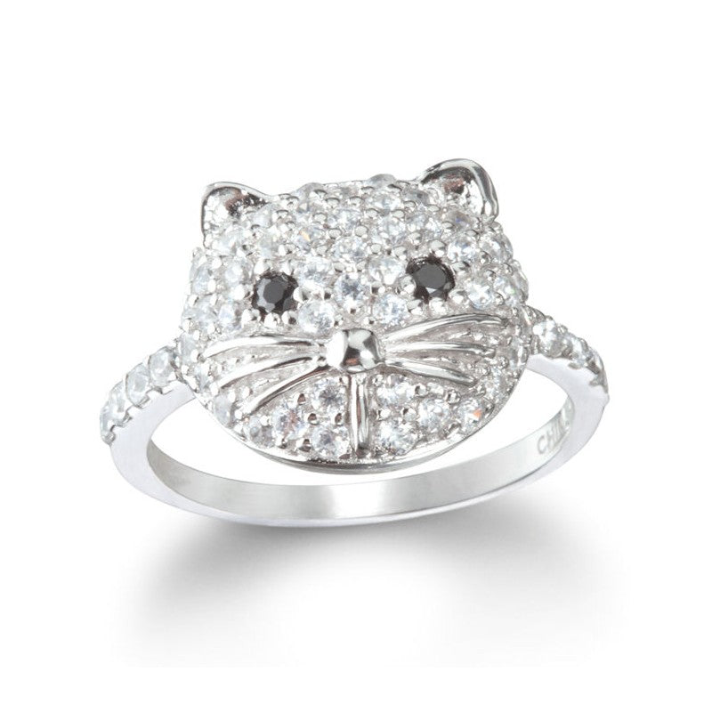 Sterling Silver White and Black CZ Cat Ring- Sparkle & Jade-SparkleAndJade.com 