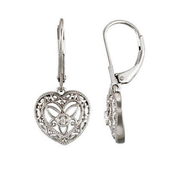 Sterling Silver .02 CTW Diamond Lever Back Filigree Heart Earrings- Sparkle & Jade-SparkleAndJade.com 67991:101:P