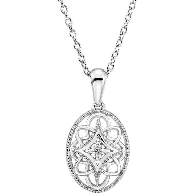 Sterling Silver .03 CTW Diamond Oval Filigree Pendant 18" Necklace- Sparkle & Jade-SparkleAndJade.com 67994:100:P