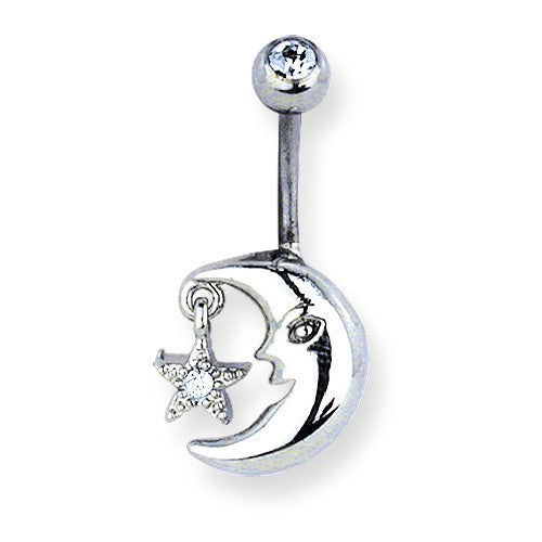 Surgical Stainless Steel Curved Belly Button Ring - Moon & Clear Crystal- Sparkle & Jade-SparkleAndJade.com BCVGCN134-CL