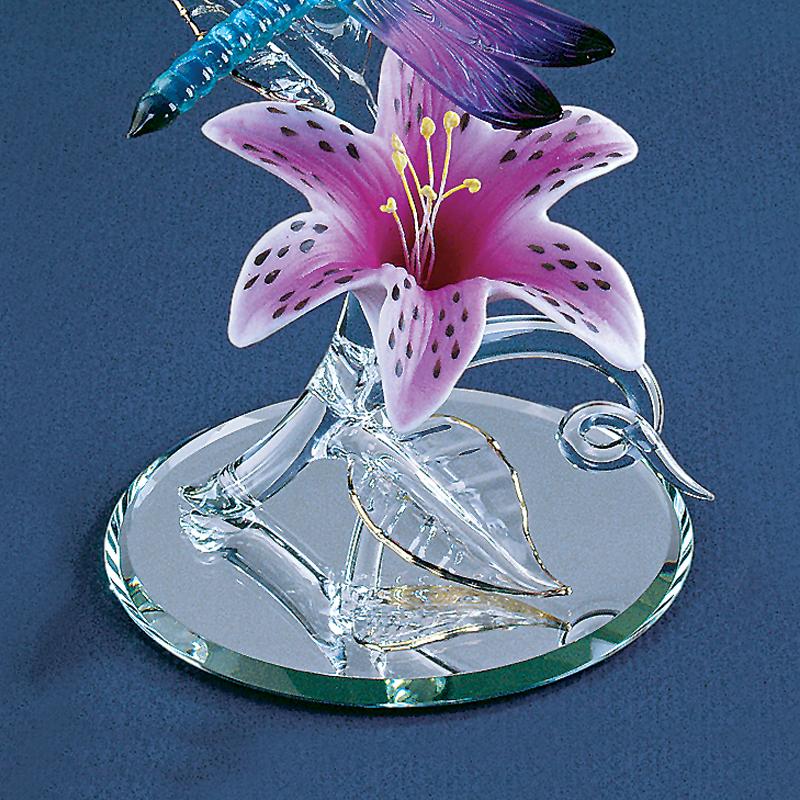 Glass Baron Dragonfly on Porcelain Lily Figurine with Mirror Base- Sparkle & Jade-SparkleAndJade.com T5 341