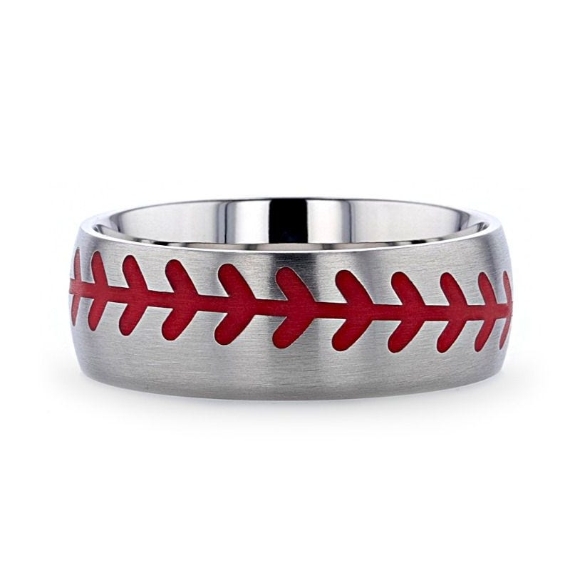 Titanium Brushed Finish Ring with Red Baseball Stitching Pattern - 8mm - DiMaggio- Sparkle & Jade-SparkleAndJade.com 