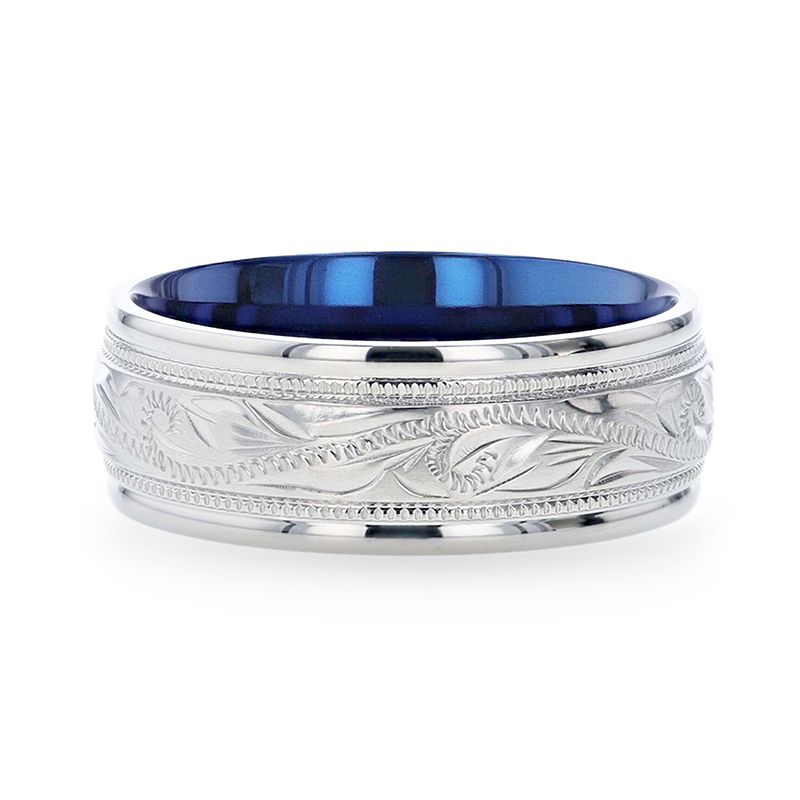 Titanium Milgrain Engraved Finish Men's Wedding Ring with Blue Plating Inside- 8mm - MARINER- Sparkle & Jade-SparkleAndJade.com 