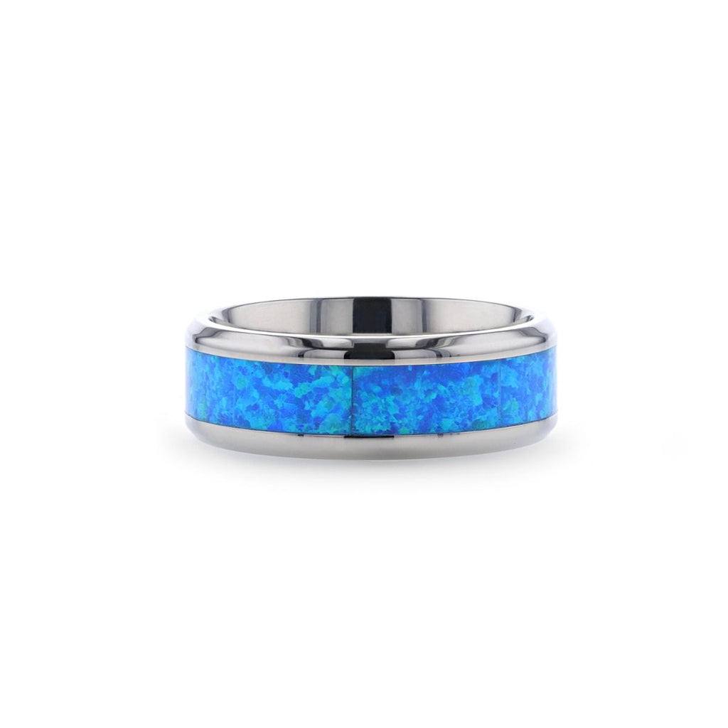 Titanium Polished Beveled Edge with Blue Green Opal Inlay Ring- 8 mm - GALAXY- Sparkle & Jade-SparkleAndJade.com 