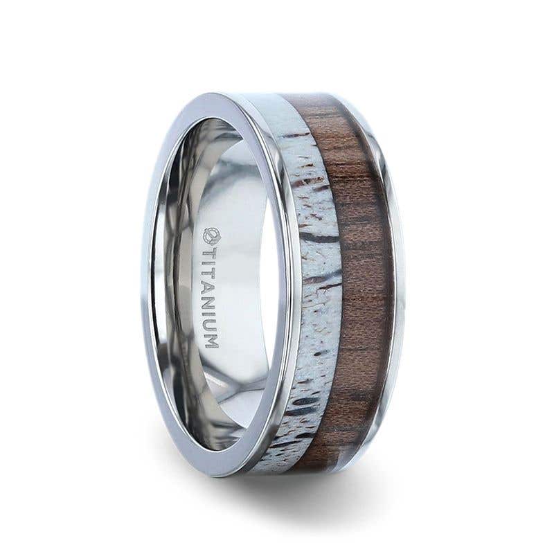 Titanium Polished Finish Flat Men's Wedding Ring With Deer Antler And Black Walnut Wood Inlay - 8mm - Darby- Sparkle & Jade-SparkleAndJade.com 