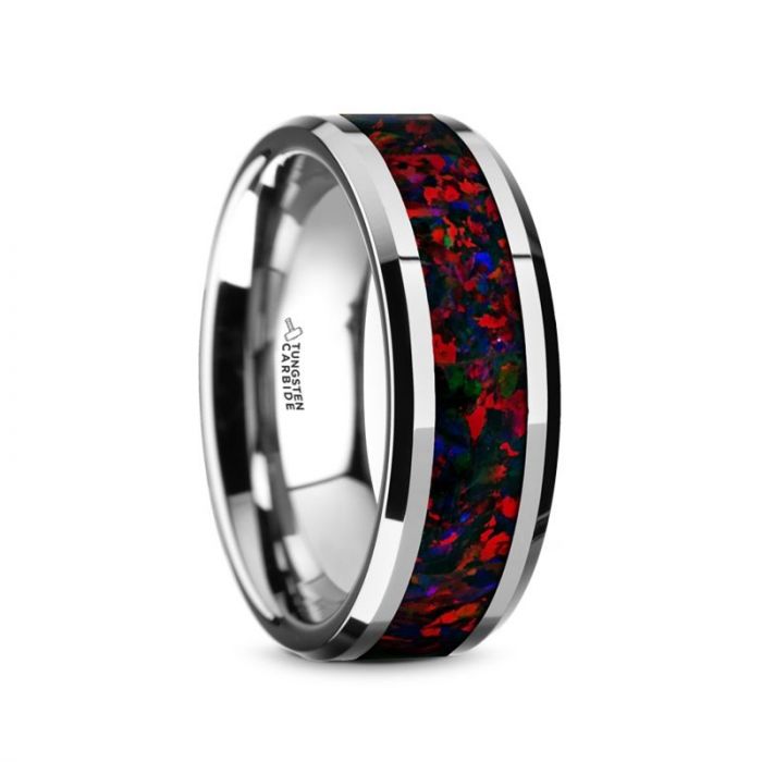 Tungsten Carbide Black Opal Inlay Men’s Wedding Band with Beveled Edges - 8mm - HALLEY- Sparkle & Jade-SparkleAndJade.com 