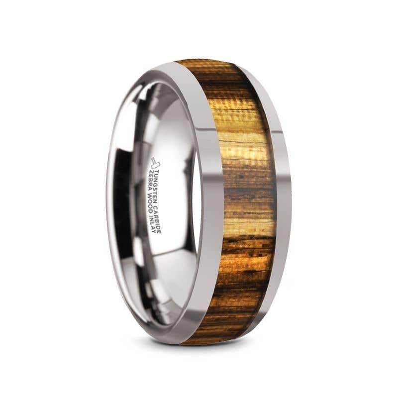 Tungsten Carbide Polished Finish Men’s Domed Wedding Band with Zebra Wood Inlay - 8mm - Tigre- Sparkle & Jade-SparkleAndJade.com 