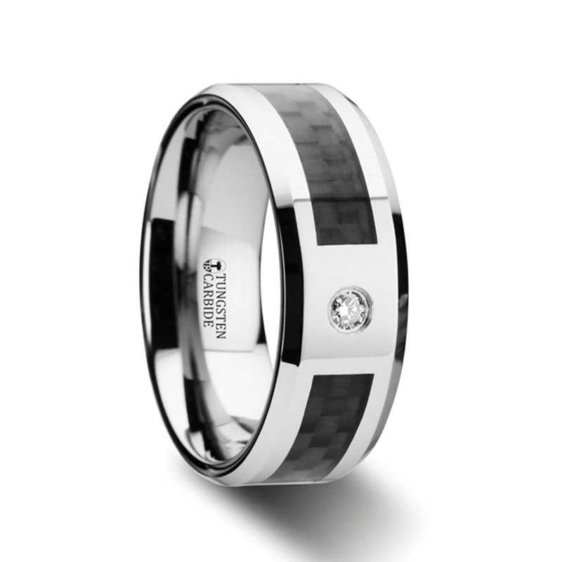Tungsten Carbide Ring with Black Carbon Fiber and White Diamond Setting with Bevels - 8mm - CAYMAN- Sparkle & Jade-SparkleAndJade.com 