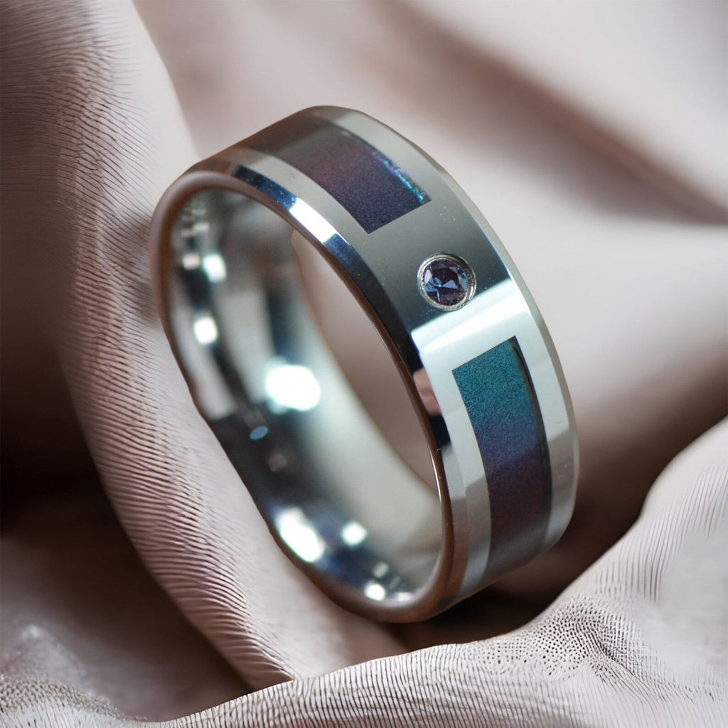 Tungsten Carbide Ring with Blue/Purple Color Changing Inlay and Alexandrite Setting - 8mm - CERULEAN- Sparkle & Jade-SparkleAndJade.com 