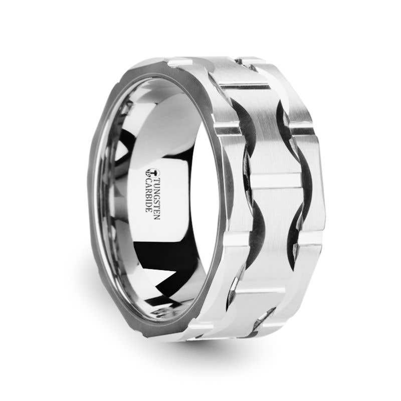 Tungsten Carbide Wedding Band with Moon Grooves and Brushed Finish - 10mm - KANYE- Sparkle & Jade-SparkleAndJade.com 