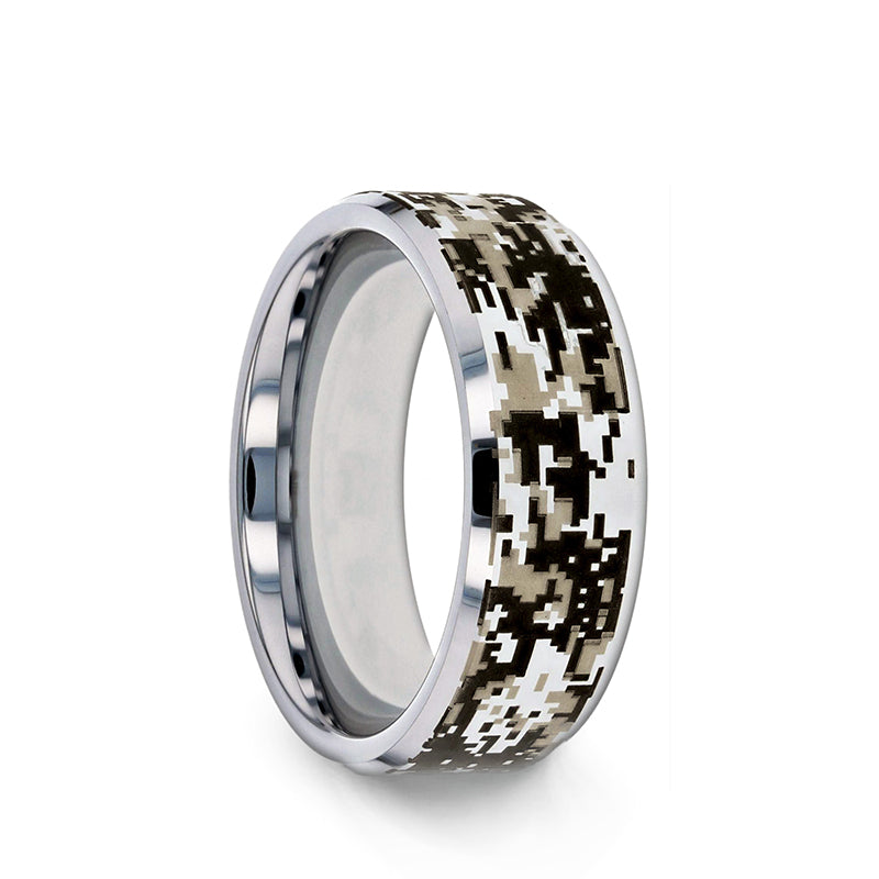 Tungsten Carbide Wedding Ring with Engraved Digital Camouflage - STEALTH- Sparkle & Jade-SparkleAndJade.com 