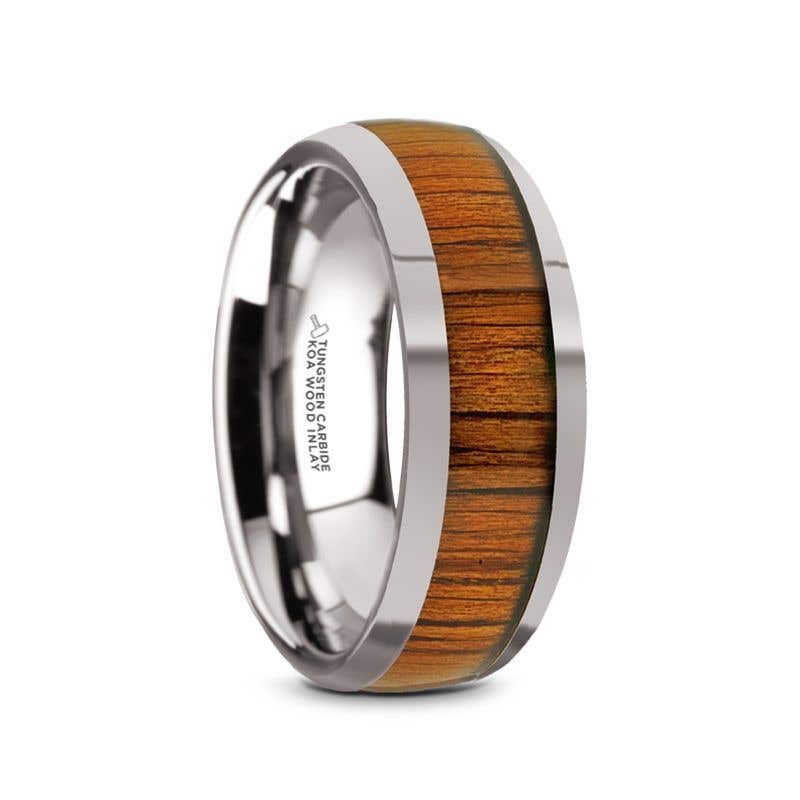 Tungsten Domed Profile Polished Finish Men’s Wedding Ring with Koa Wood Inlay - 8mm - Kameha- Sparkle & Jade-SparkleAndJade.com 