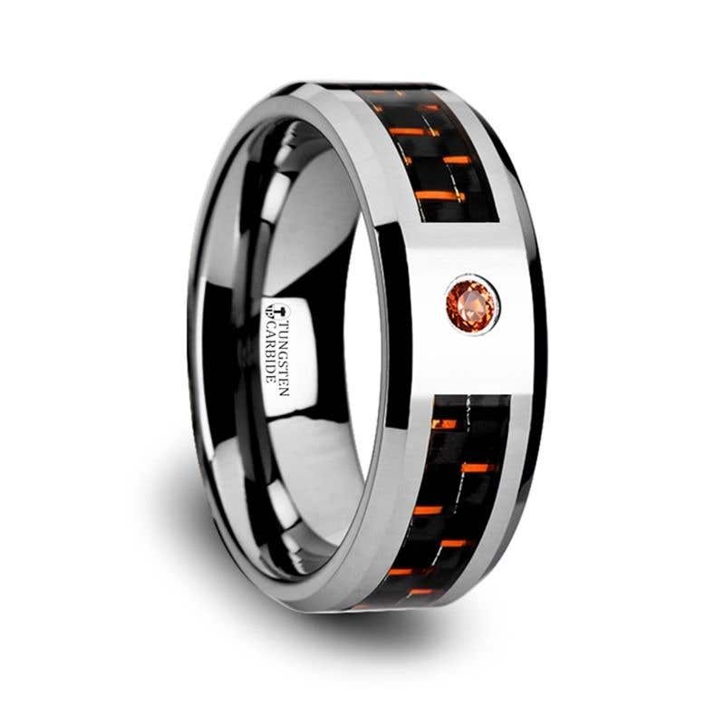 Tungsten Ring with Black and Orange Carbon Fiber and Orange Padparadscha Setting - 8mm - NOAH- Sparkle & Jade-SparkleAndJade.com 