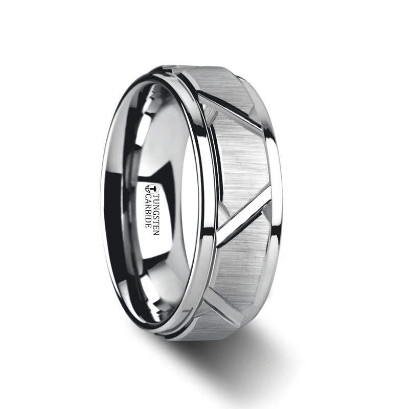 Tungsten Ring with Triangle Angle Grooves and Raised Center - 8mm - VESTIGE- Sparkle & Jade-SparkleAndJade.com 