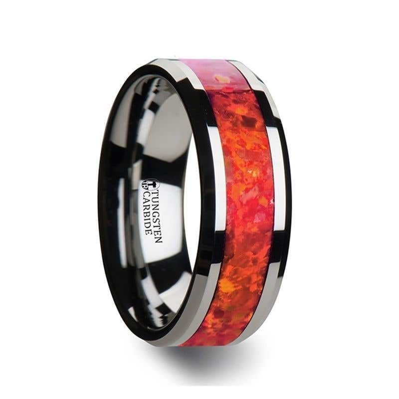 Tungsten Wedding Band with Beveled Edges and Red Opal Inlay - 4mm 6mm 8mm - Nebula- Sparkle & Jade-SparkleAndJade.com W1966-TRO