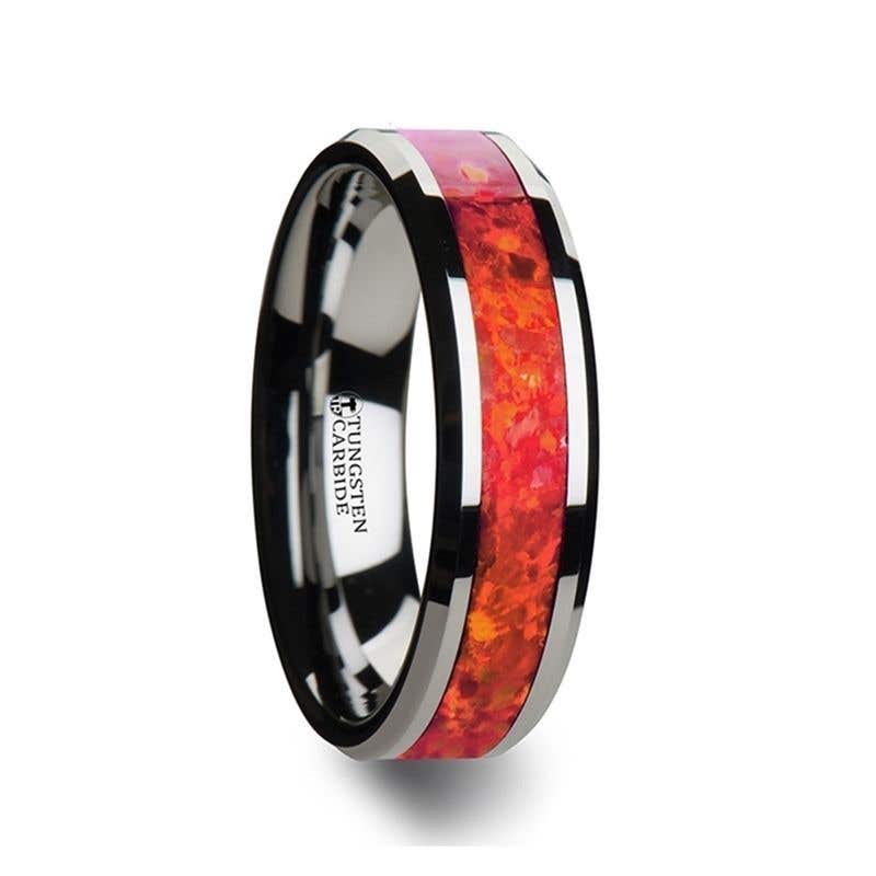 Tungsten Wedding Band with Beveled Edges and Red Opal Inlay - 4mm 6mm 8mm - Nebula- Sparkle & Jade-SparkleAndJade.com W1966-TRO