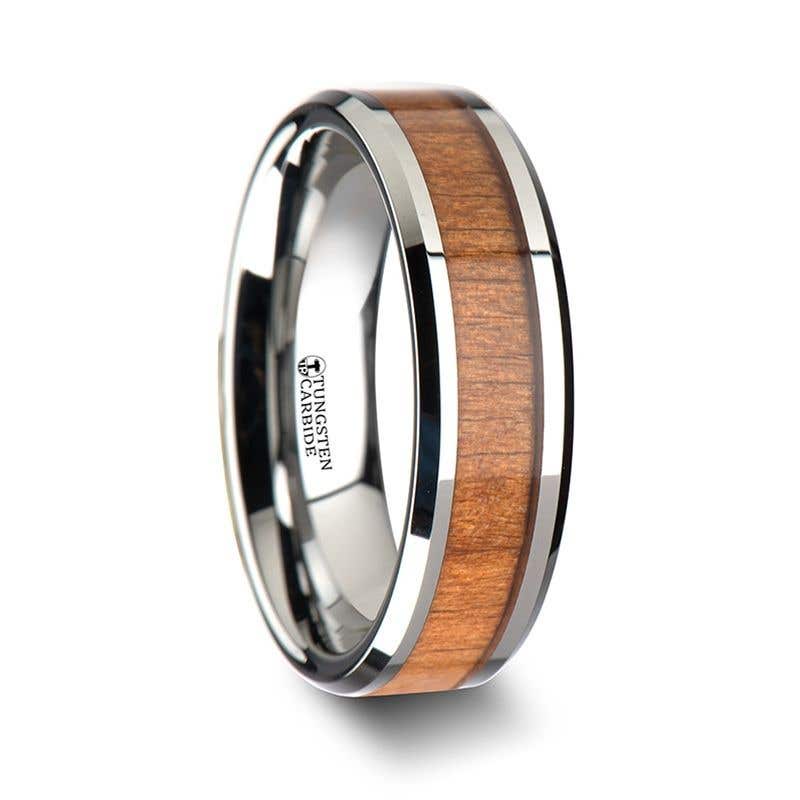 Tungsten Wedding Ring with Polished Bevels and American Cherry Wood Inlay - 6mm - 10mm - Brunswick- Sparkle & Jade-SparkleAndJade.com W1893-CRWI