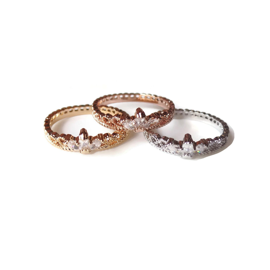 White Gold Plated CZ Dainty Princess Crown Ring - (Silver tone)- Sparkle & Jade-SparkleAndJade.com 