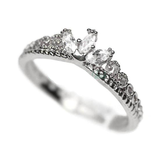 White Gold Plated CZ Dainty Princess Crown Ring - (Silver tone)- Sparkle & Jade-SparkleAndJade.com 