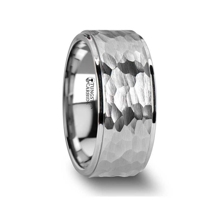 White Tungsten Ring with Raised Hammered Finish and Polished Step Edges - 4mm - 10mm - WINSTON- Sparkle & Jade-SparkleAndJade.com W637-WTHF