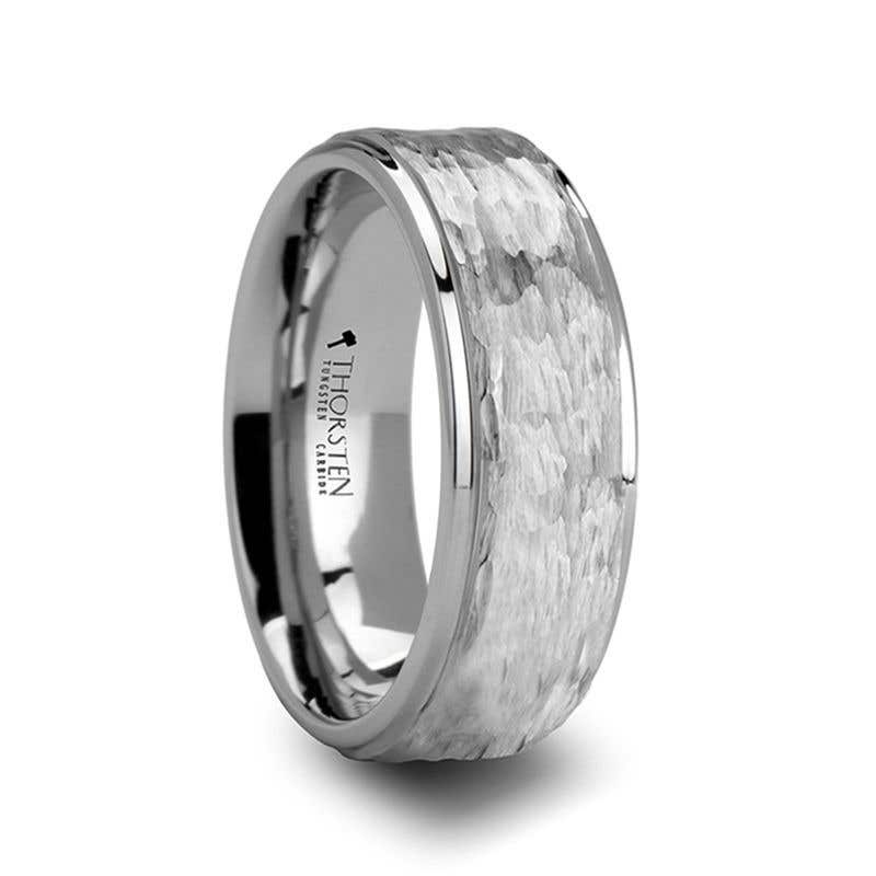 White Tungsten Ring with Raised Hammered Finish and Polished Step Edges - 4mm - 10mm - WINSTON- Sparkle & Jade-SparkleAndJade.com W637-WTHF